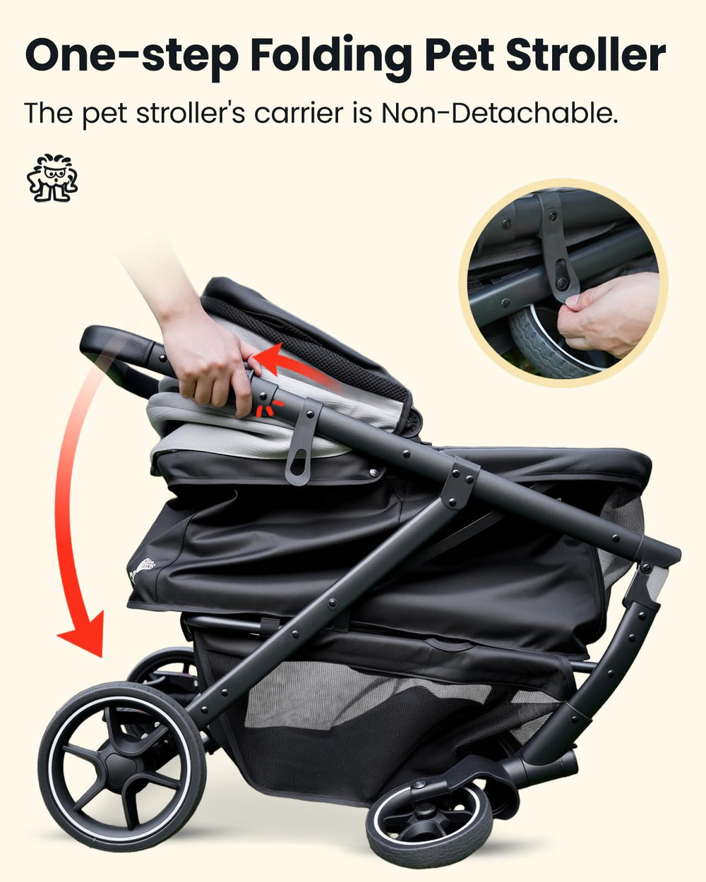 Pawccoli stroller adjustable leather handle adapts to user height