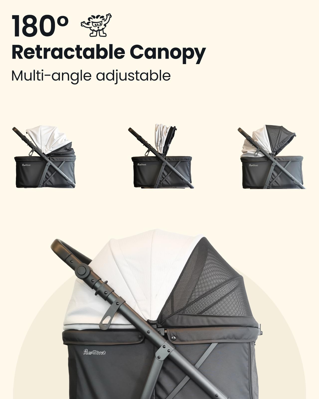 Pawccoli stroller cup holder and large basket keep essentials handy
