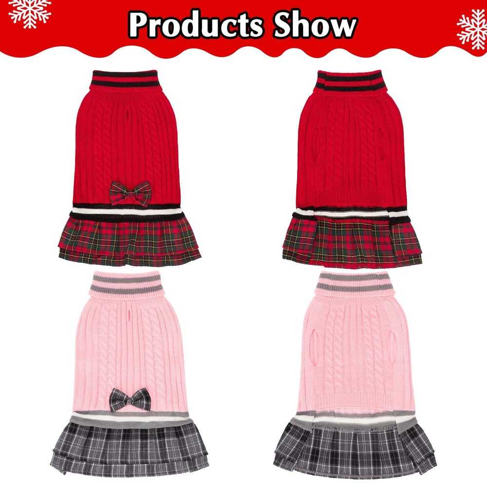 PAWCHIE dog sweater dress bowtie red plaid skirt close-up festive look