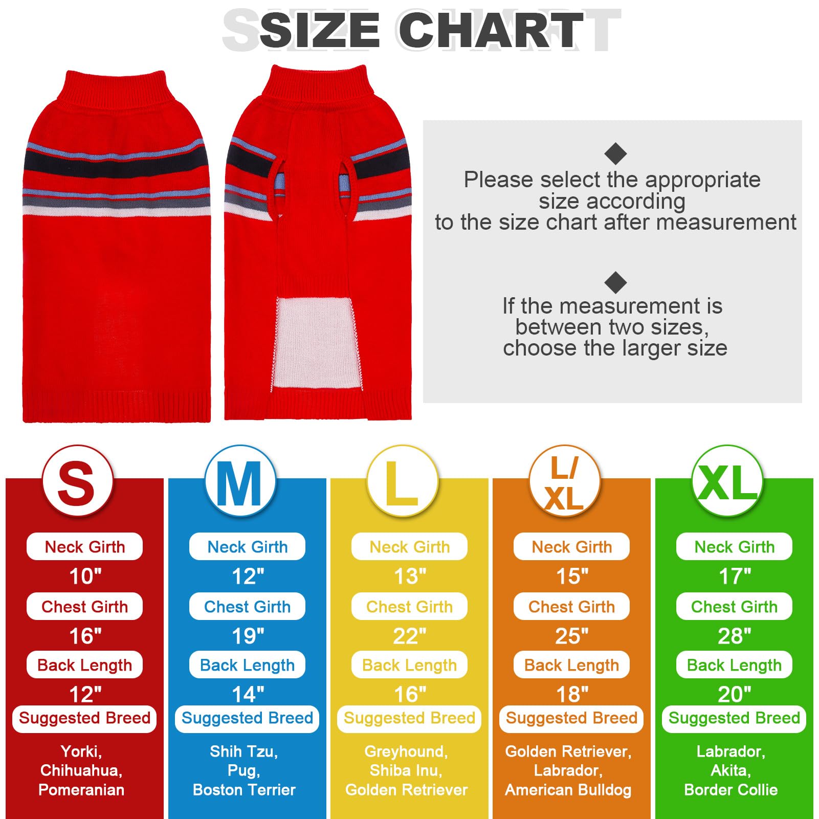 PAWCHIE dog sweater five-sizes-chart highlights size options for most dogs.