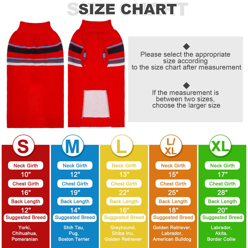 PAWCHIE dog sweater five-sizes-chart highlights size options for most dogs.