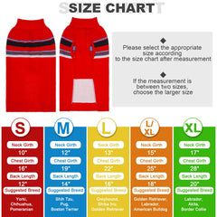 PAWCHIE dog sweater five-sizes-chart highlights size options for most dogs.