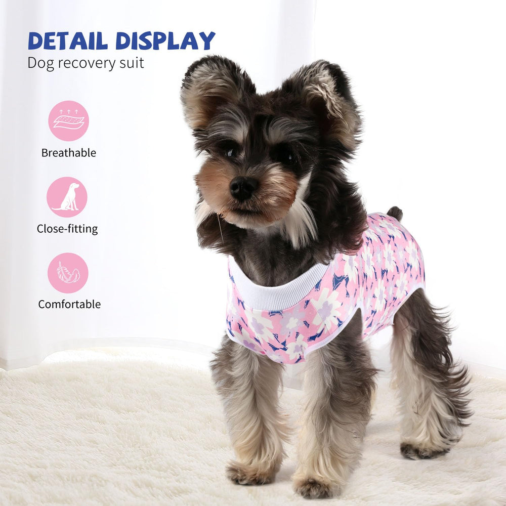 Pawcomon dog surgery recovery suit pink flower M, back view, helps protect abdominal wounds.