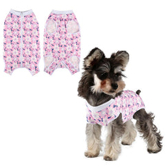 Pawcomon dog surgery recovery suit pink flower M, front view, comfortable post-surgery wear.