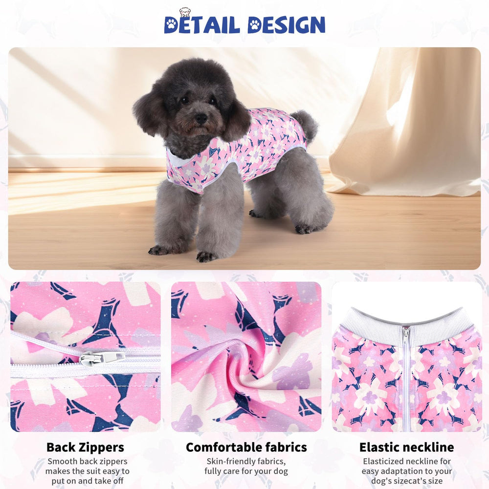 Pawcomon dog surgery recovery suit puppy wearing, supports healing without bulky cones.