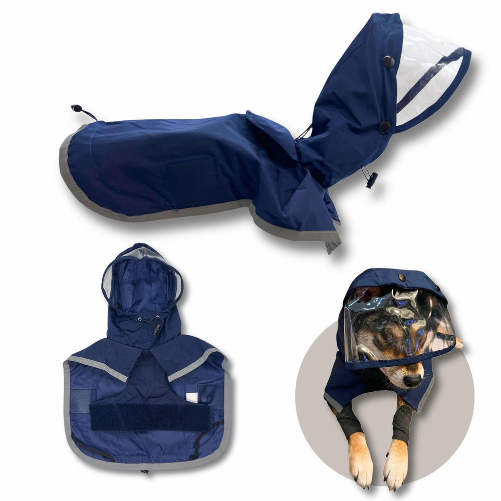 Pawcratean dog raincoat dark blue XXL front view shows breathable fabric for comfortable rain walks.