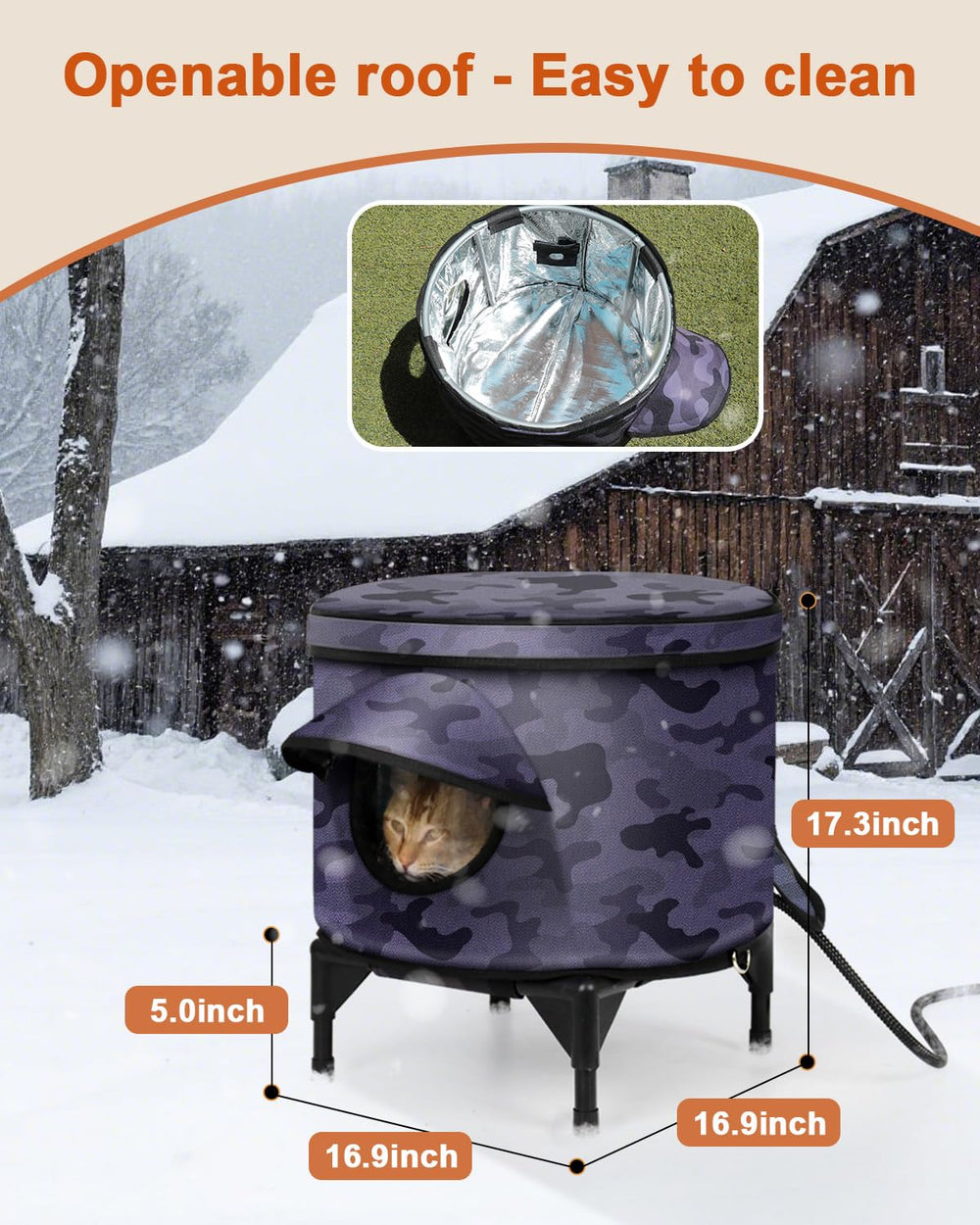 Pawcrux heated cat house elevated base — elevated design reduces moisture and keeps dry.