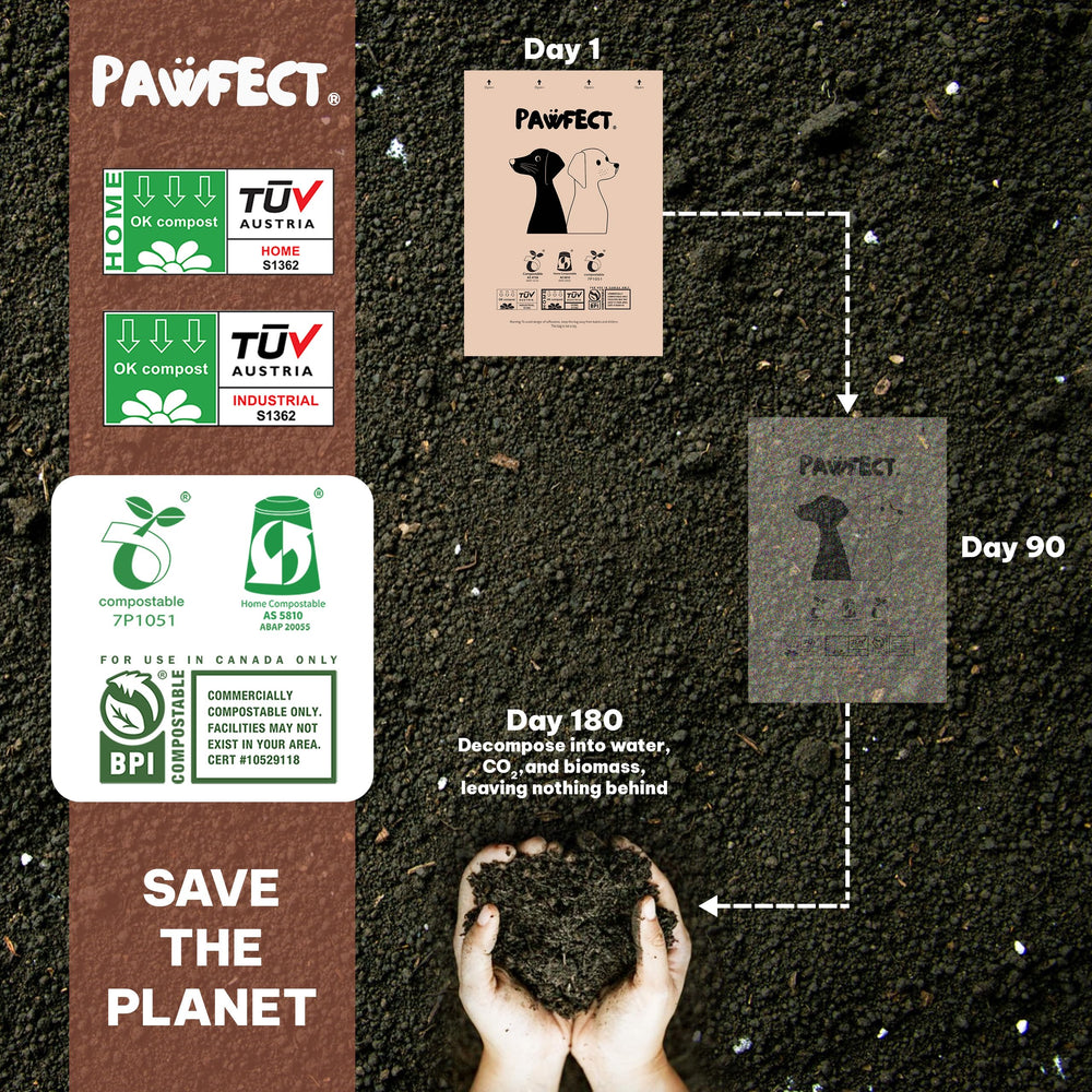 Pawfect eco-friendly bags beside a compost bin illustrating home composting.