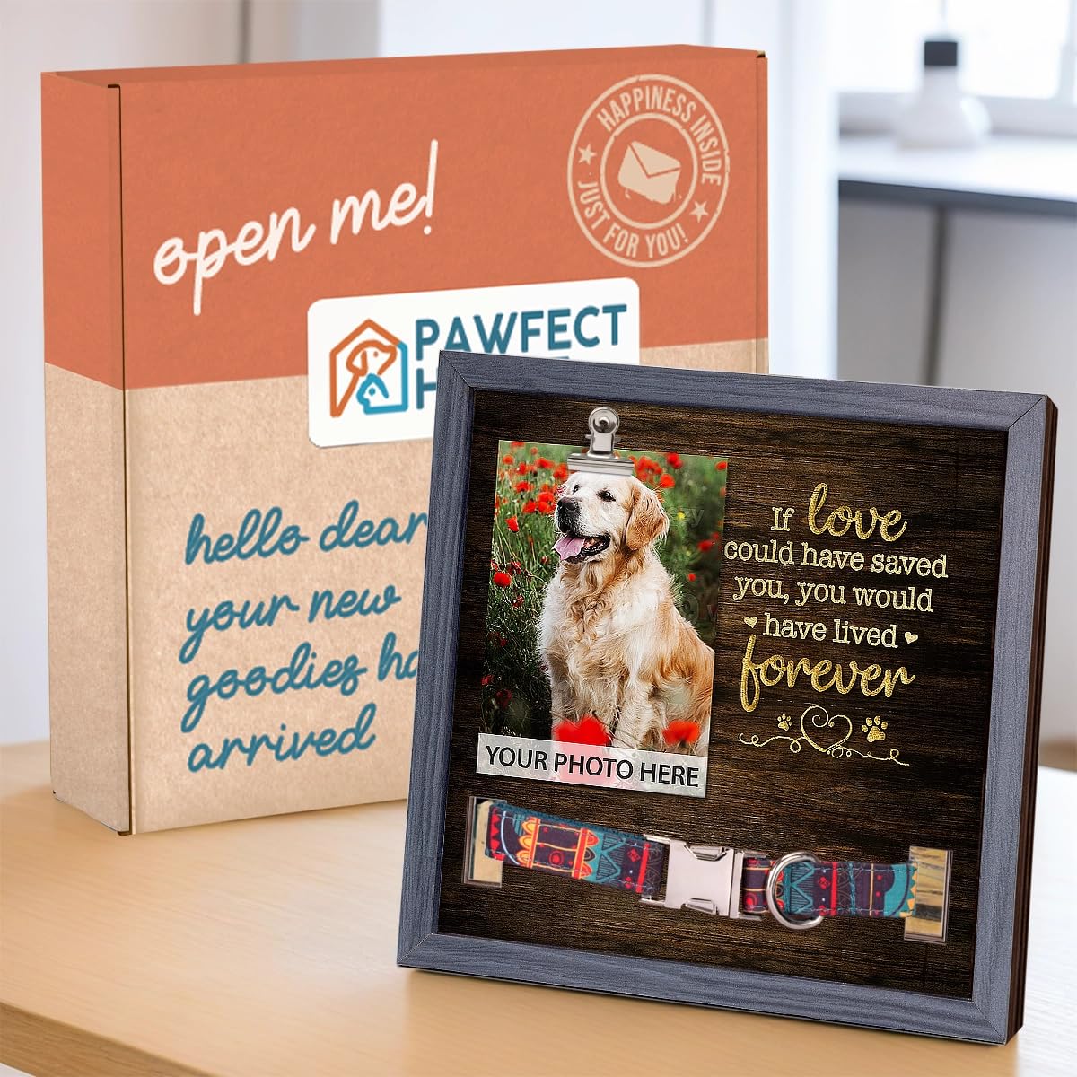 Pawfect House 9x9 memorial frame highlights a 9x12 cm photo for remembrance.