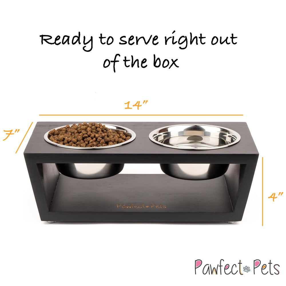 Pawfect Pets black elevated bowl stand showcases ergonomic dining for small pets