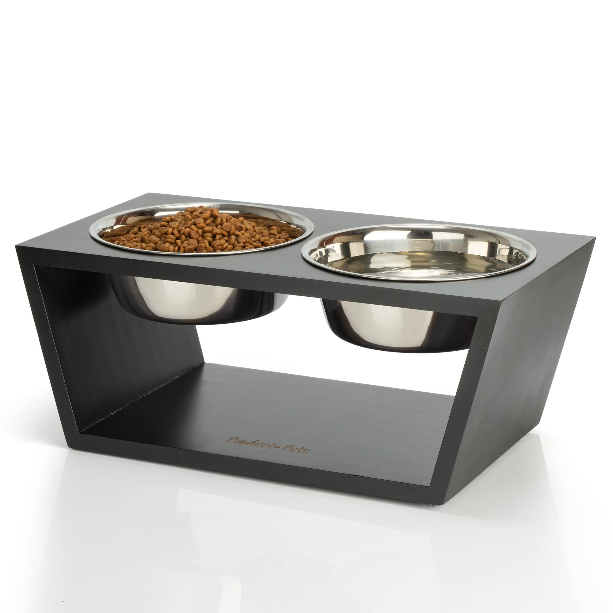 Pawfect Pets elevated dog bowl stand—black close-up shows sturdy 7-inch height for comfortable feeding.