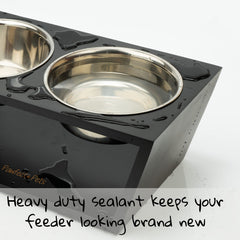 Pawfect Pets elevated stand with weighted base minimizes tipping during meals.
