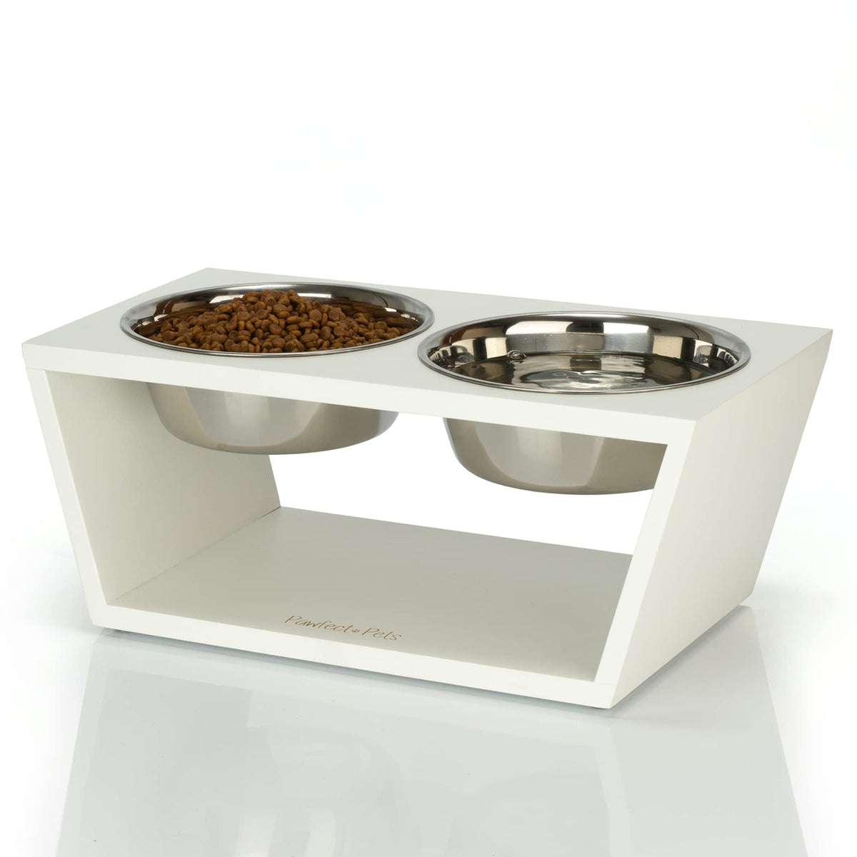 Pawfect Pets elevated dog bowl stand white assembled, sturdy four-bowl feeding station for mess-free meals.