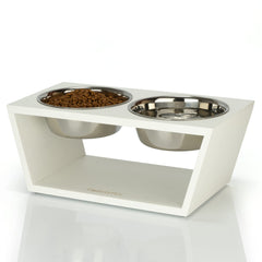 Pawfect Pets elevated dog bowl stand white assembled, sturdy four-bowl feeding station for mess-free meals.