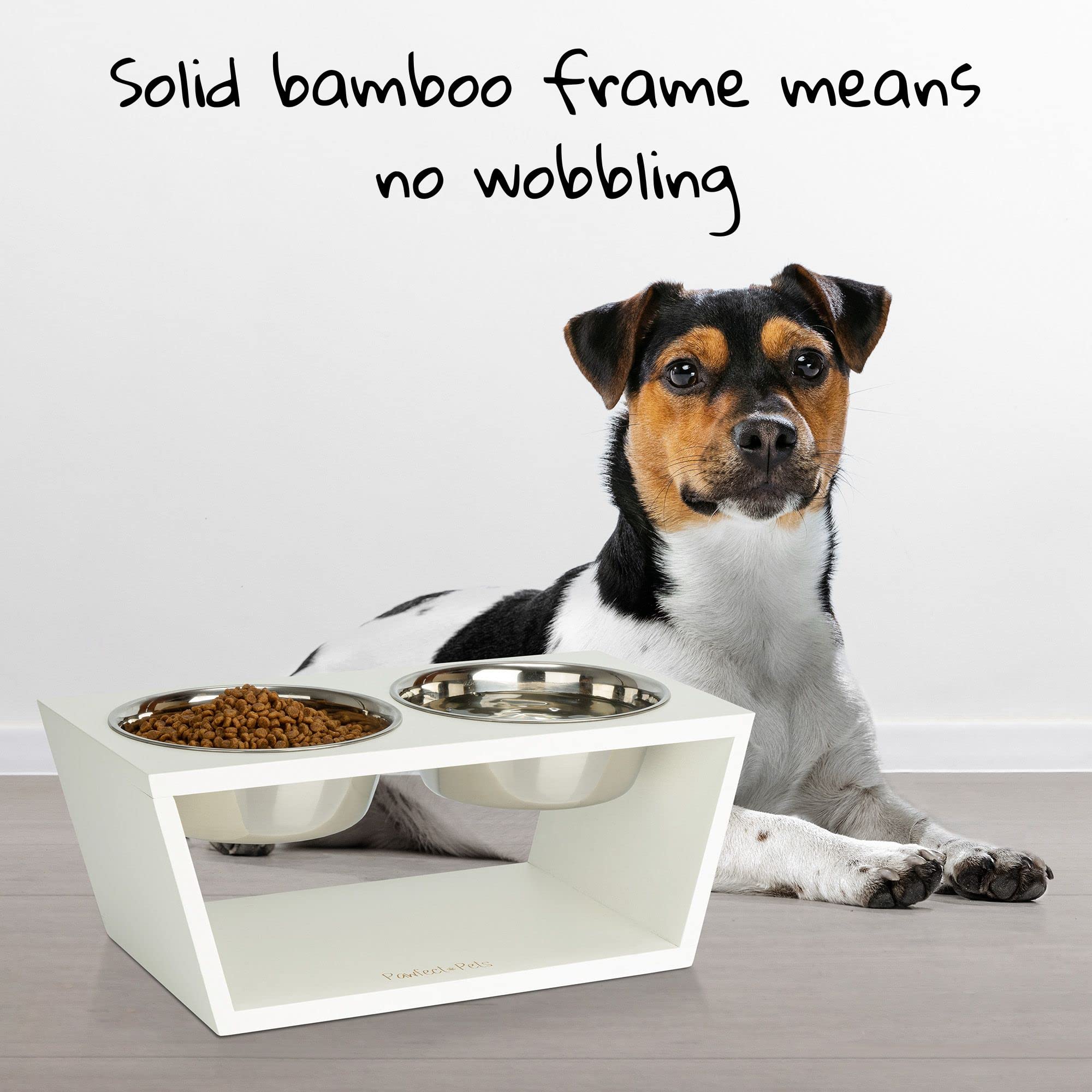 Pawfect Pets elevated dog bowl stand white side view, 7-inch height supports comfortable feeding posture.