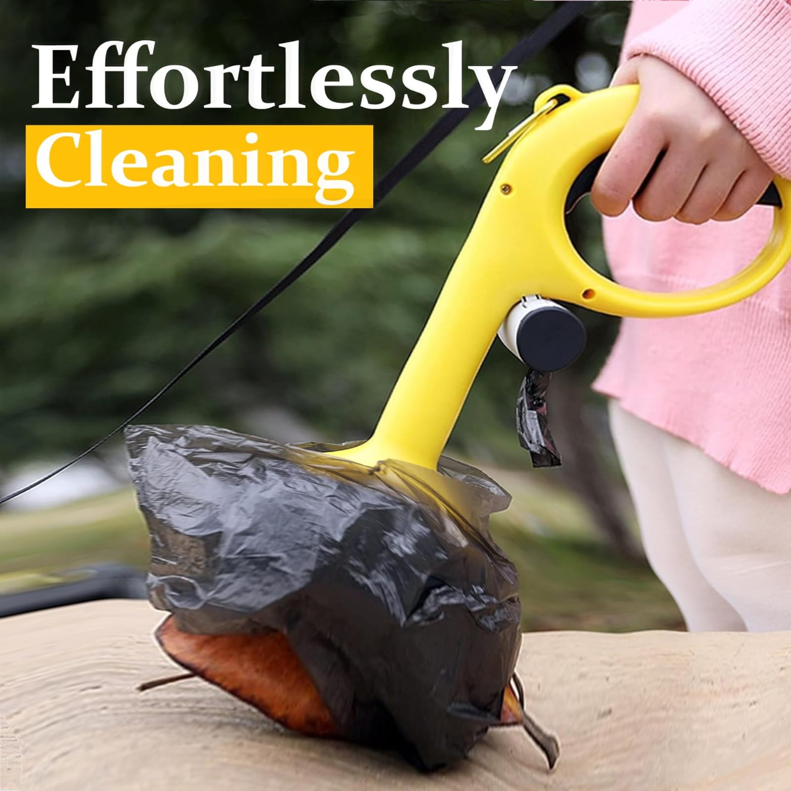Pawfect Pups scooper with bag attachment enables easy trash pickup on walks.