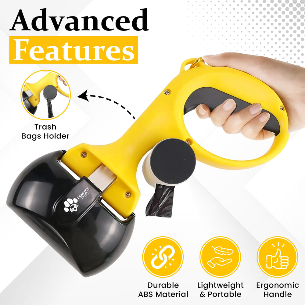 Pawfect Pups yellow scooper highlights compact storage and quick retrieval.