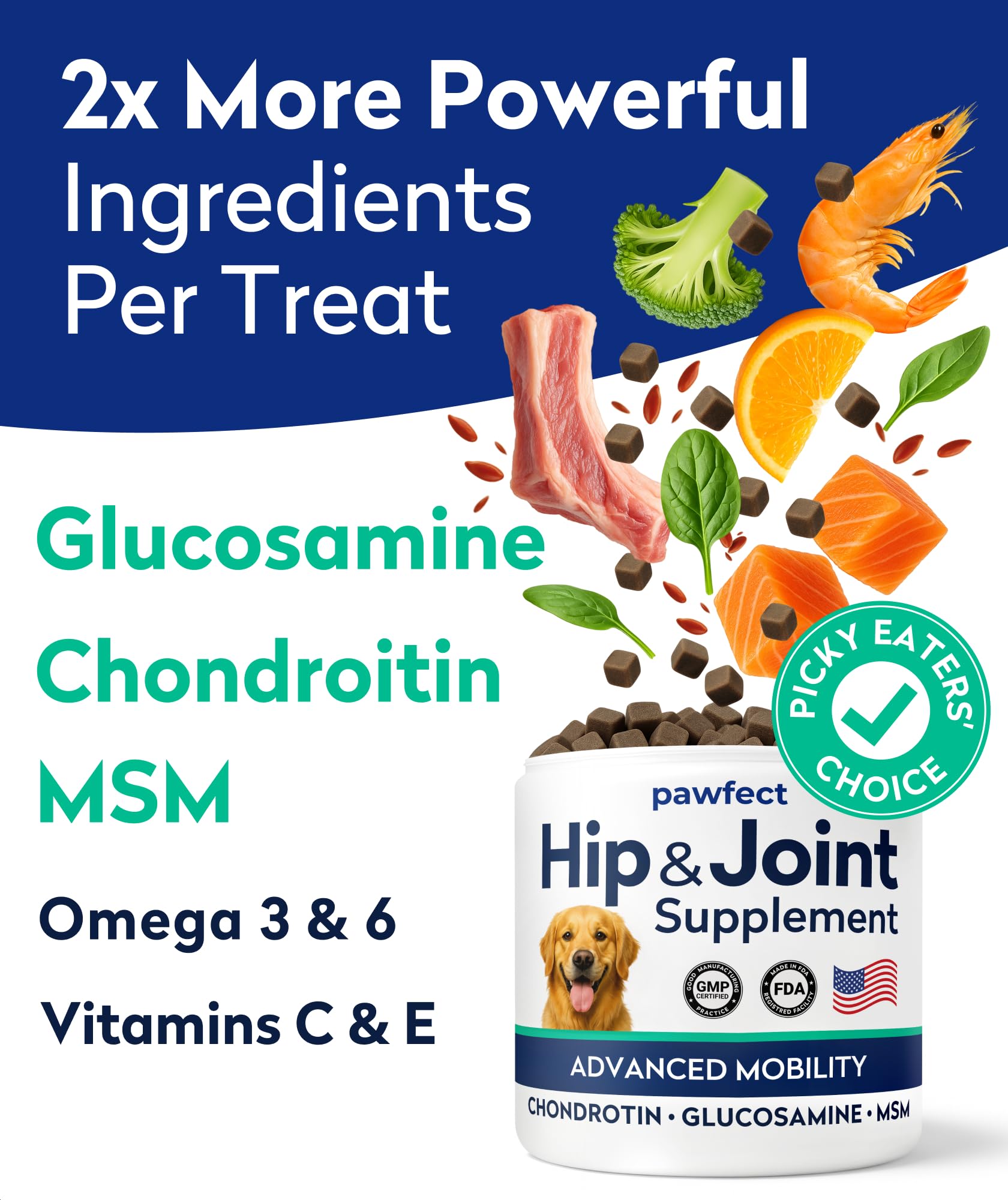 PAWFECTCHEW glucosamine dog treats with omega-3 fish oil for mobility support.
