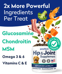 PAWFECTCHEW glucosamine dog treats with omega-3 fish oil for mobility support.