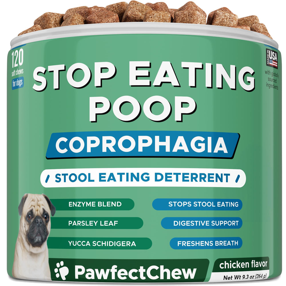 PAWFECTCHEW No Poo Chews bottle front highlighting coprophagia deterrent for dogs.