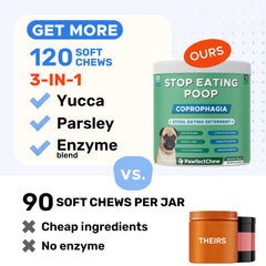PAWFECTCHEW No Poo Chews label closeup noting probiotic and enzyme blend.