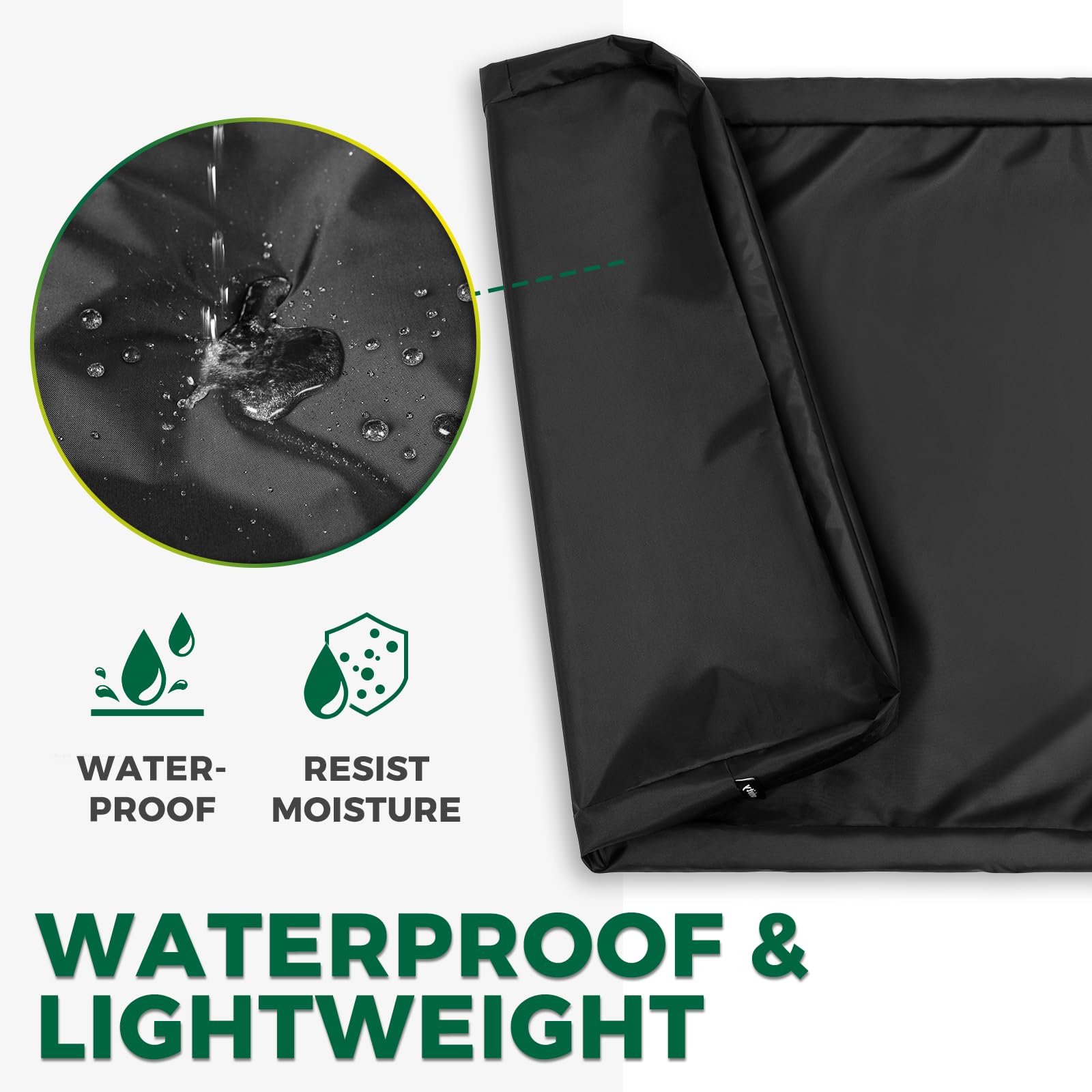 PAWFINITY waterproof bed cover in-crate scene emphasizes fit for 47x29x4 inch crate