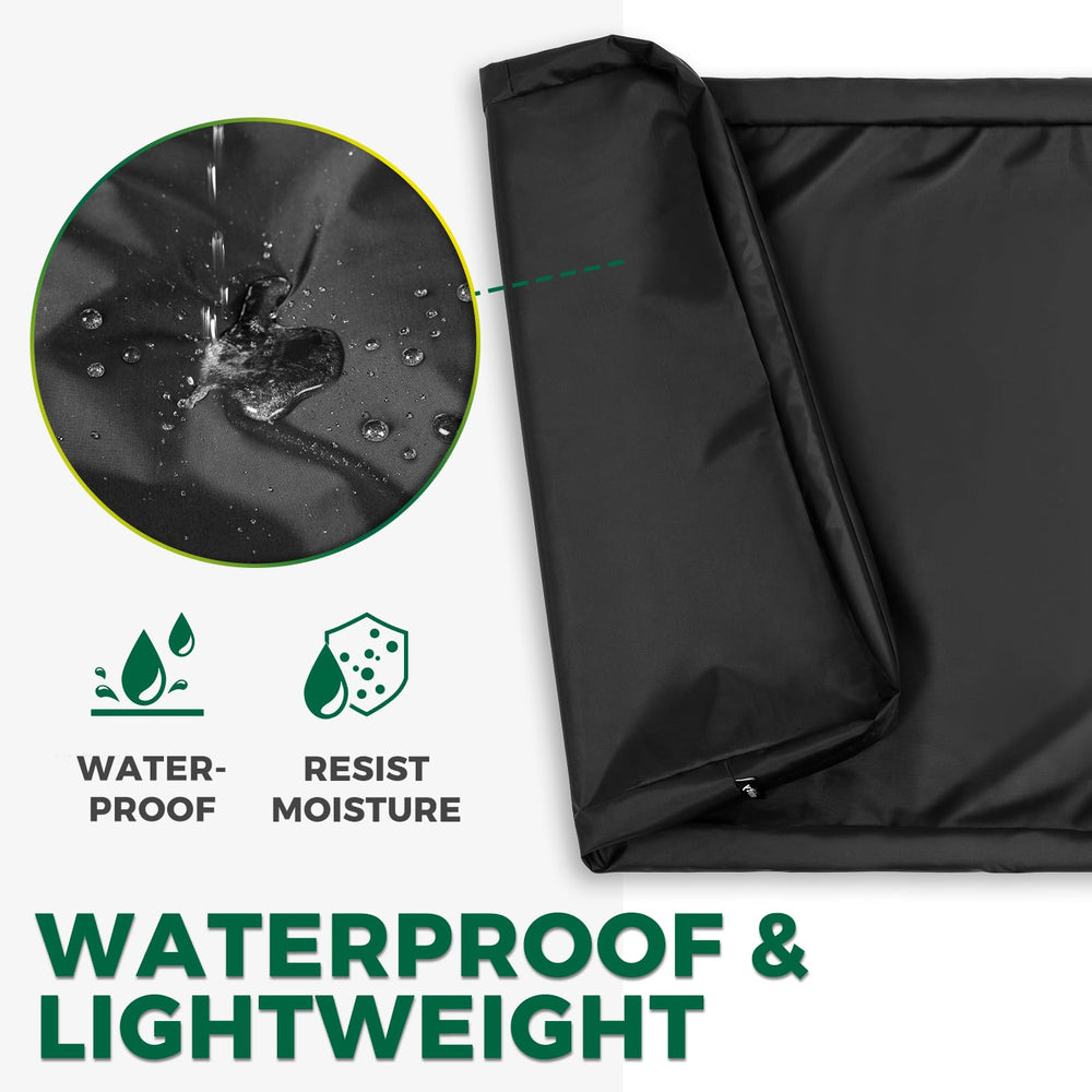PAWFINITY waterproof bed cover in-crate scene emphasizes fit for 47x29x4 inch crate