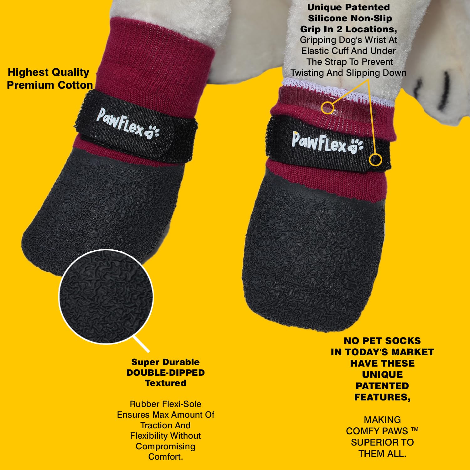 PawFlex adjustable strap secures bootie for better fit.