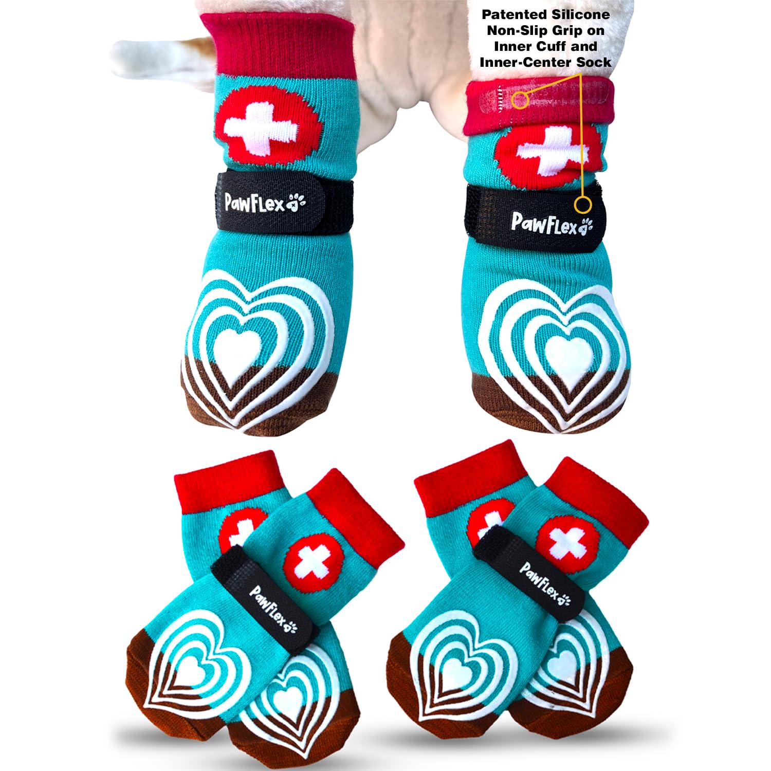 PawFlex Comfy Pawz socks silicone nonslip inner cuff securing fit during wear.