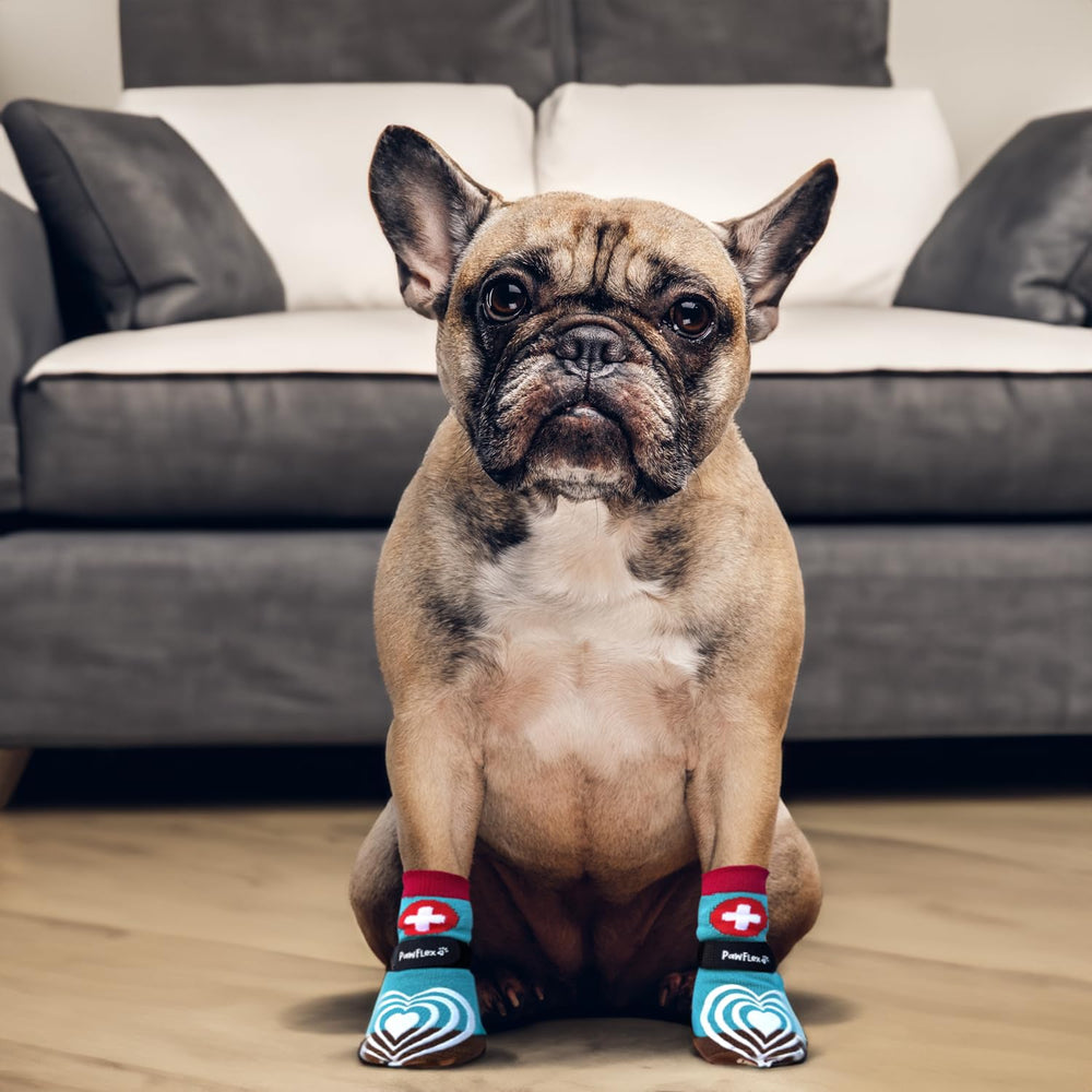 PawFlex traction-control socks shown during indoor outdoor use.