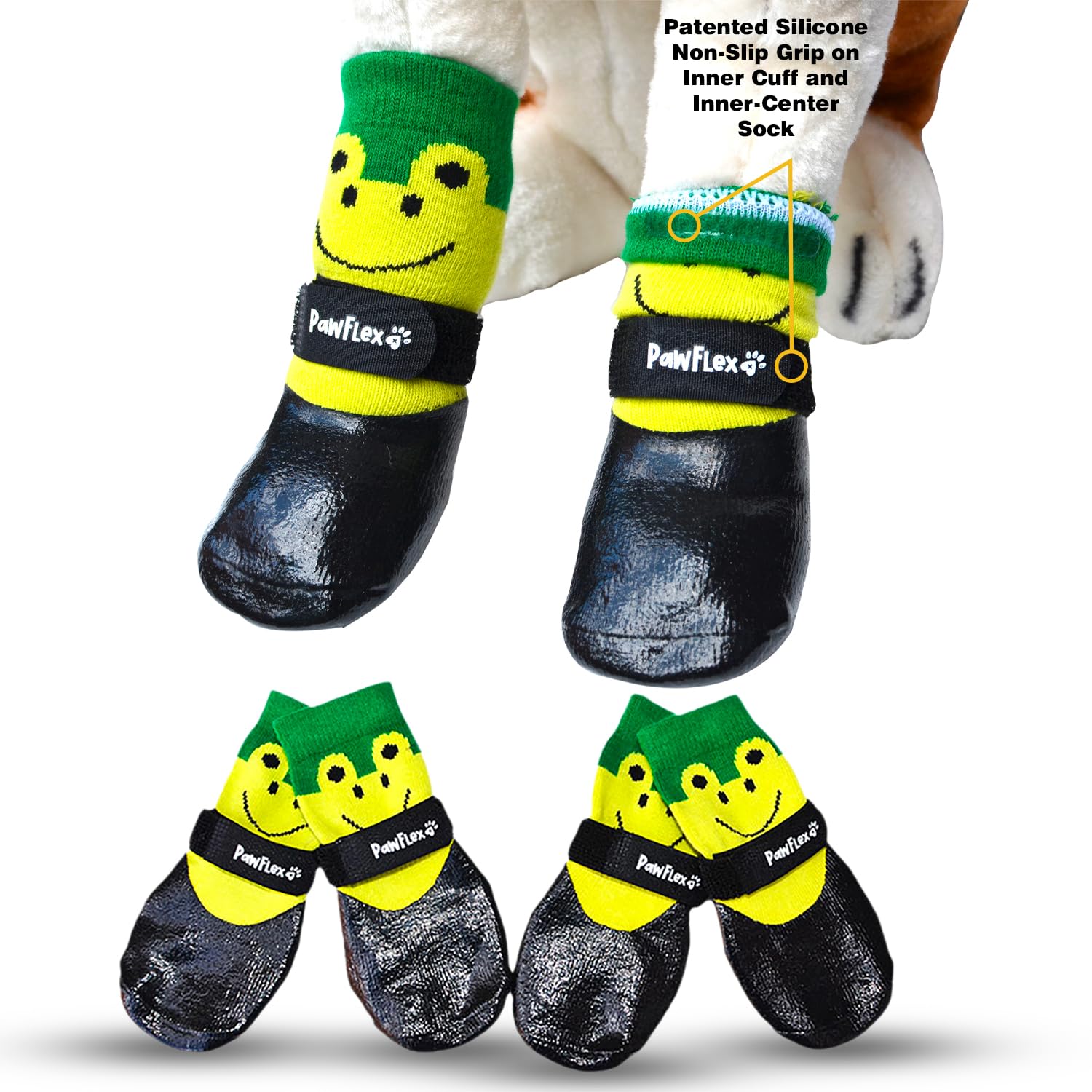PawFlex double-dipped waterproof dog socks-booties provide durable grip on slick floors
