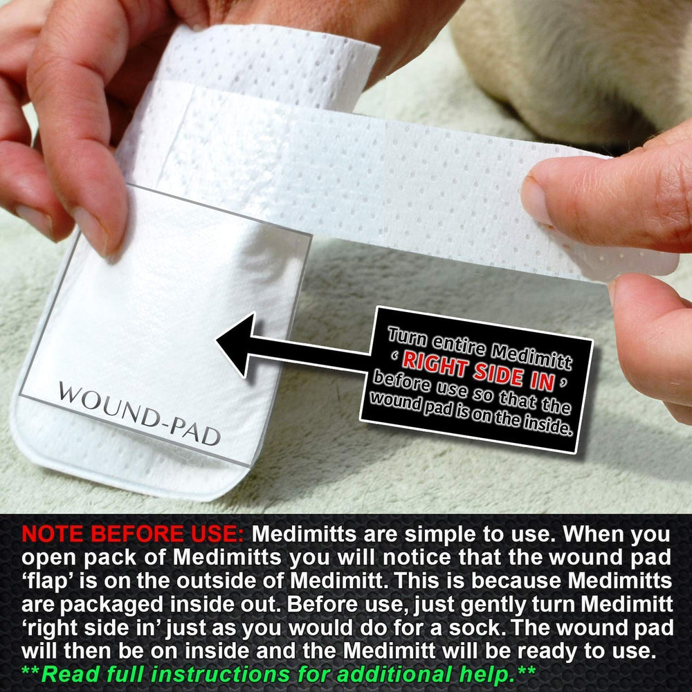 PawFlex Medimitt packaging note highlights inside-out use instructions.