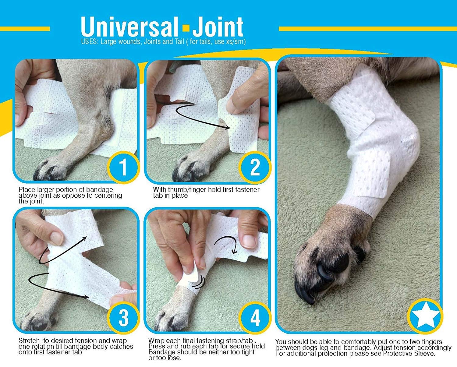 PawFlex non-adhesive bandage on dog's paw prevents fur pulling.