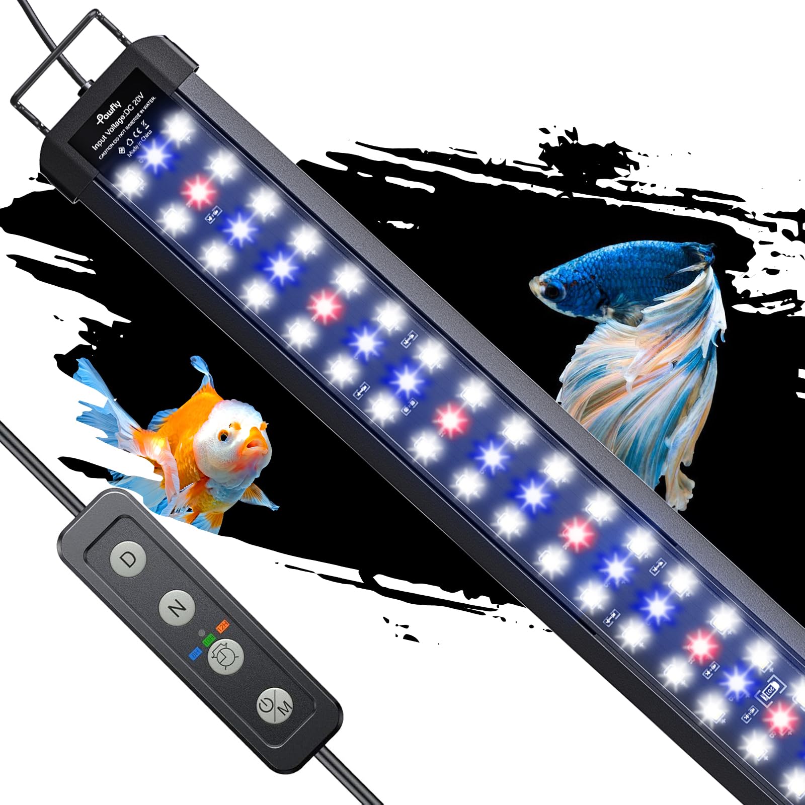 Pawfly 33W aquarium LED with extendable bracket for stable fit on 48-54 inch tanks.