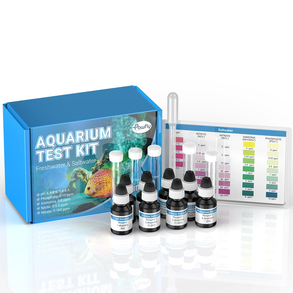 Pawfly 5-in-1 Master Test Kit box highlights easy setup for accurate aquarium testing