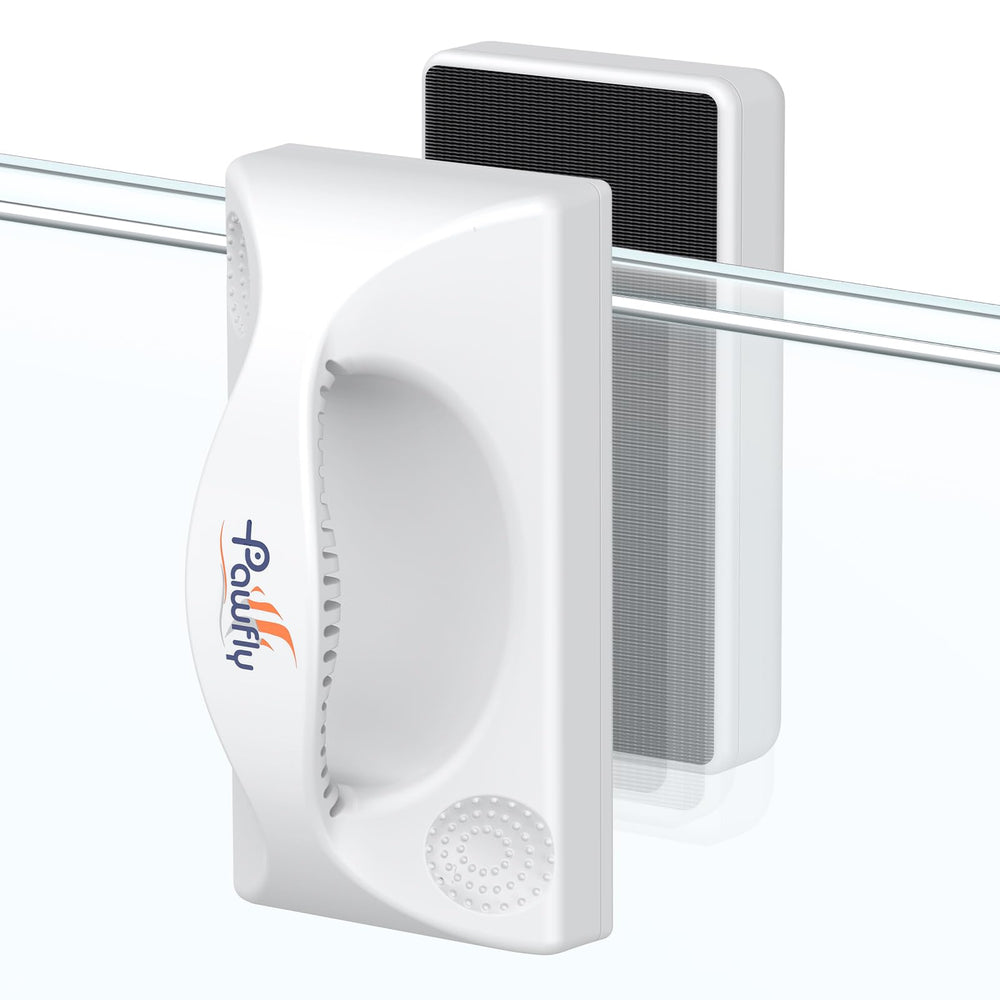 Pawfly 5in mini magnetic fish-tank cleaner outside glass for quick exterior cleaning and clear viewing.