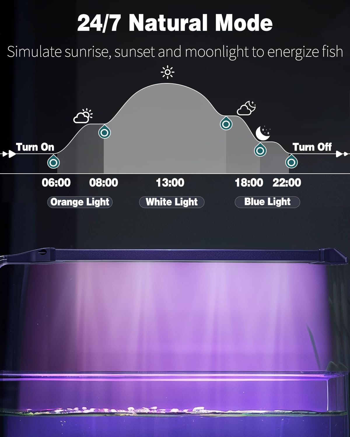 Pawfly 8W dawn-dusk natural mode simulates daily light cycle