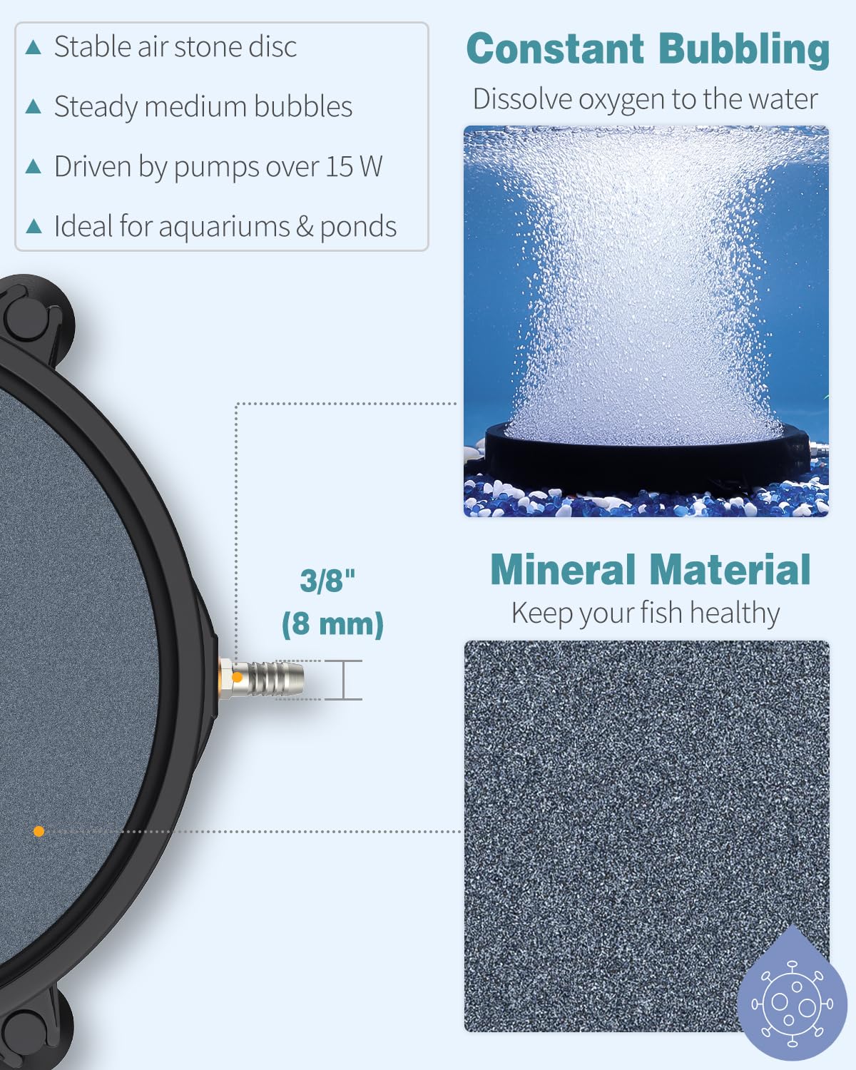 Pawfly air stone design sinks to bottom with suction cups for stable installation.