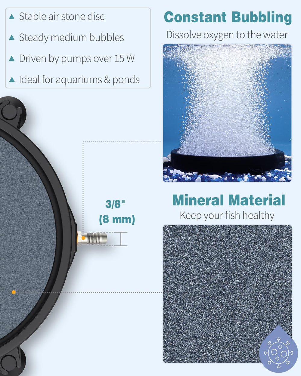 Pawfly air stone design sinks to bottom with suction cups for stable installation.