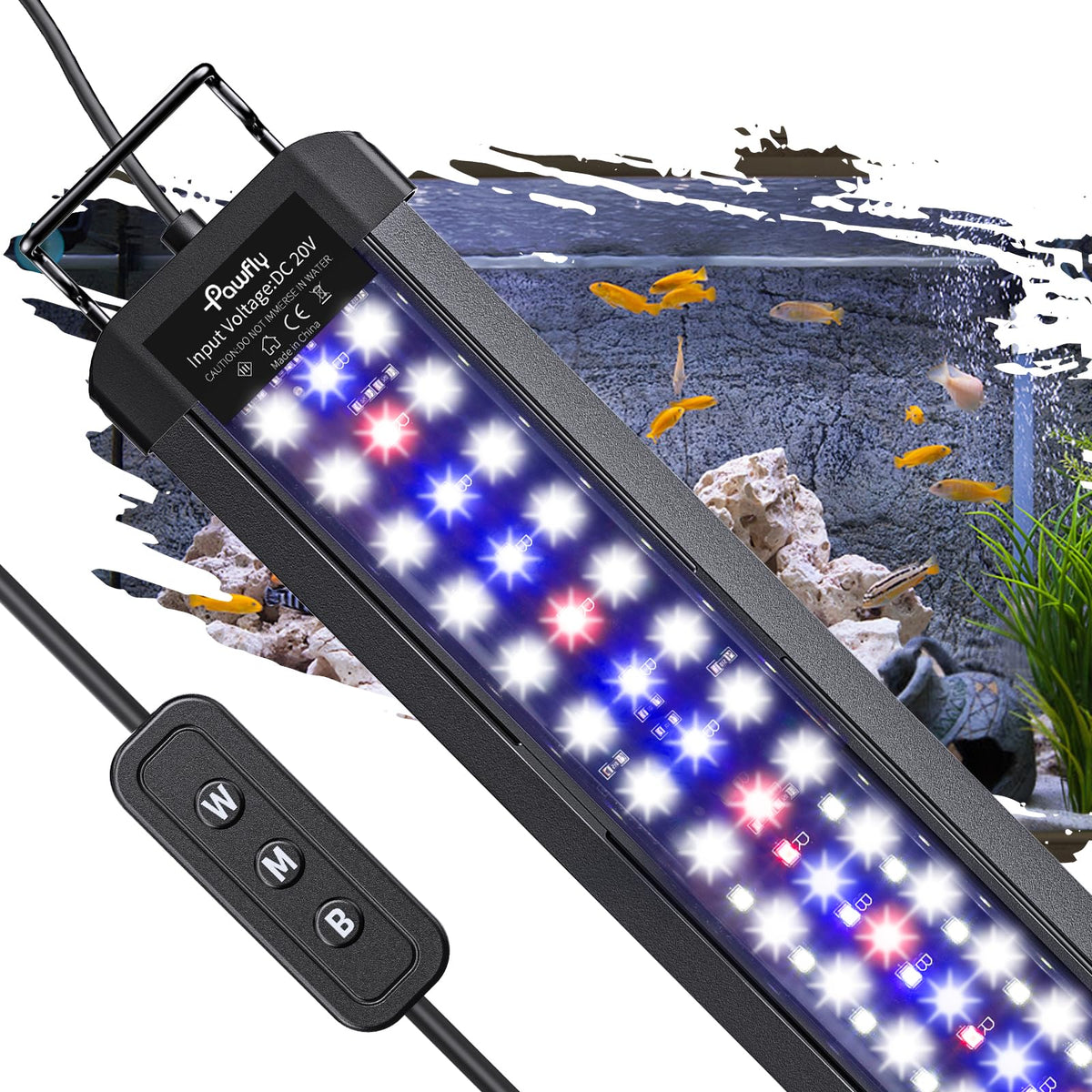 Pawfly aquarium LED light with extendable bracket, front view, enhances tank setup and stability.