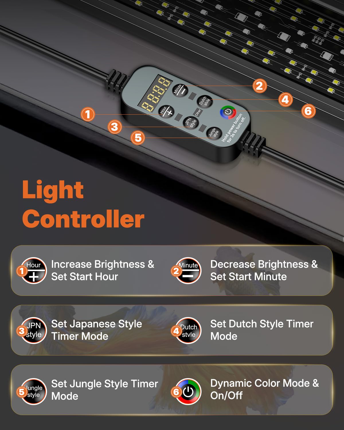 Pawfly day-night timer mode enables natural cycling for reef and planted tanks.