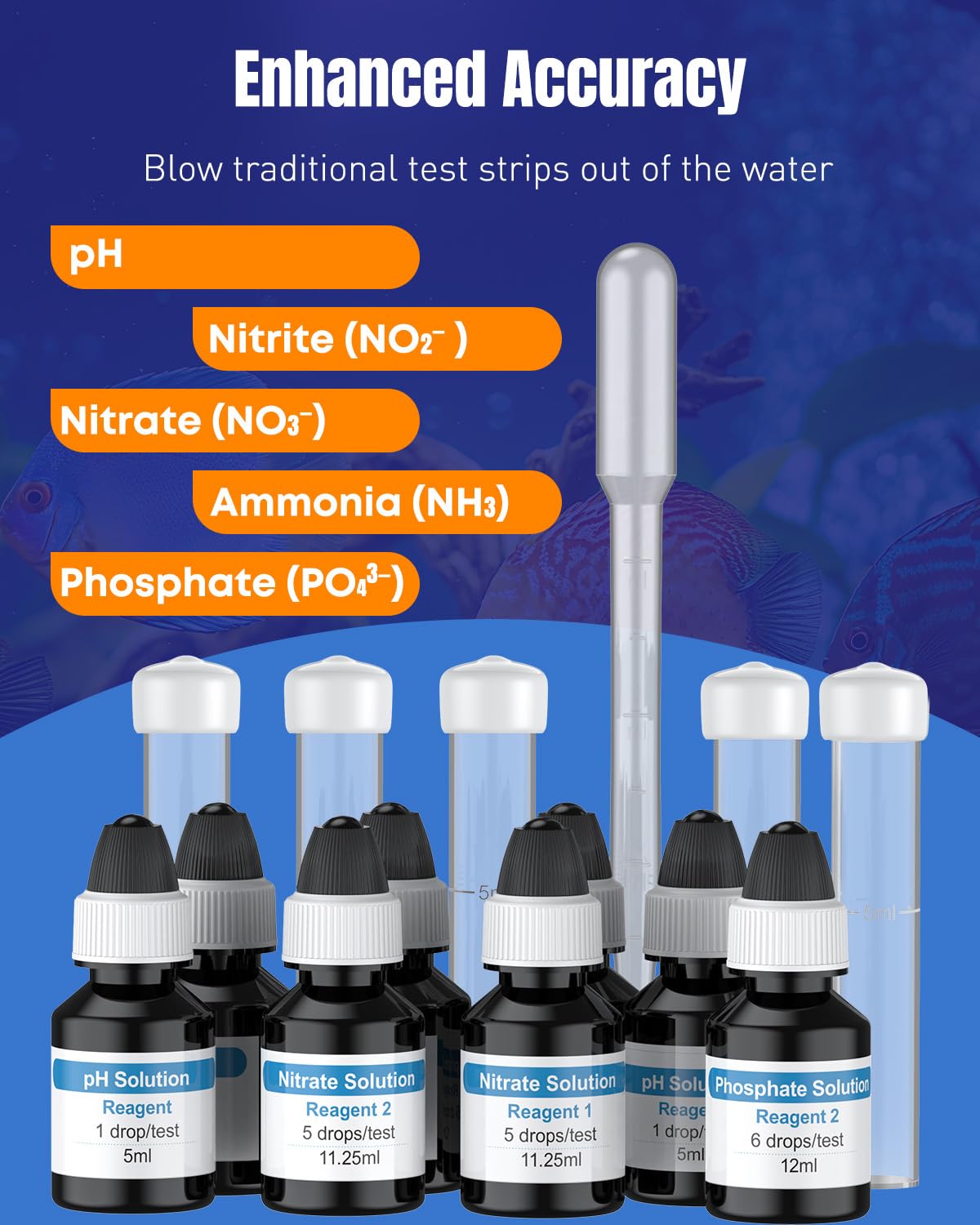Pawfly aquarium water sample testing tubes illustrates freshwater and saltwater compatibility