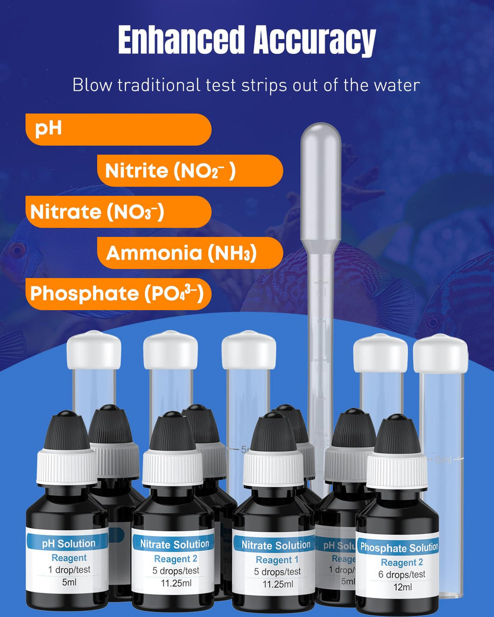 Pawfly aquarium water sample testing tubes illustrates freshwater and saltwater compatibility
