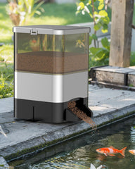 Pawfly automatic feeder front view showing weatherproof housing for outdoor ponds.
