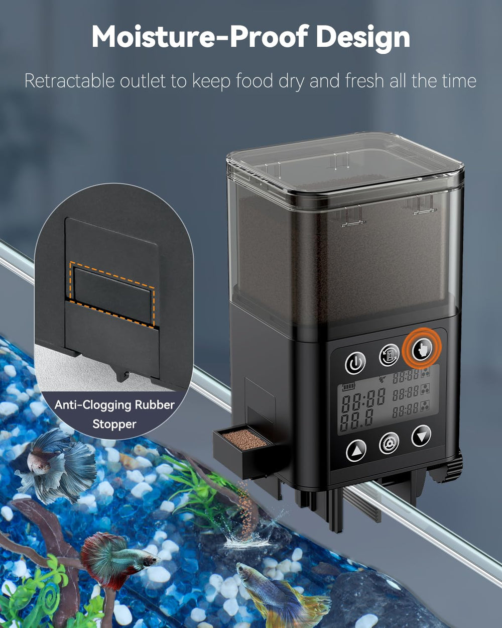 Pawfly automatic fish feeder 320ml capacity in action keeps fish fed