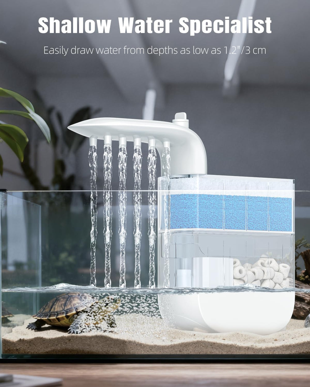 Pawfly bottom suction 360-degree draw from shallow water enables baby turtle setup.