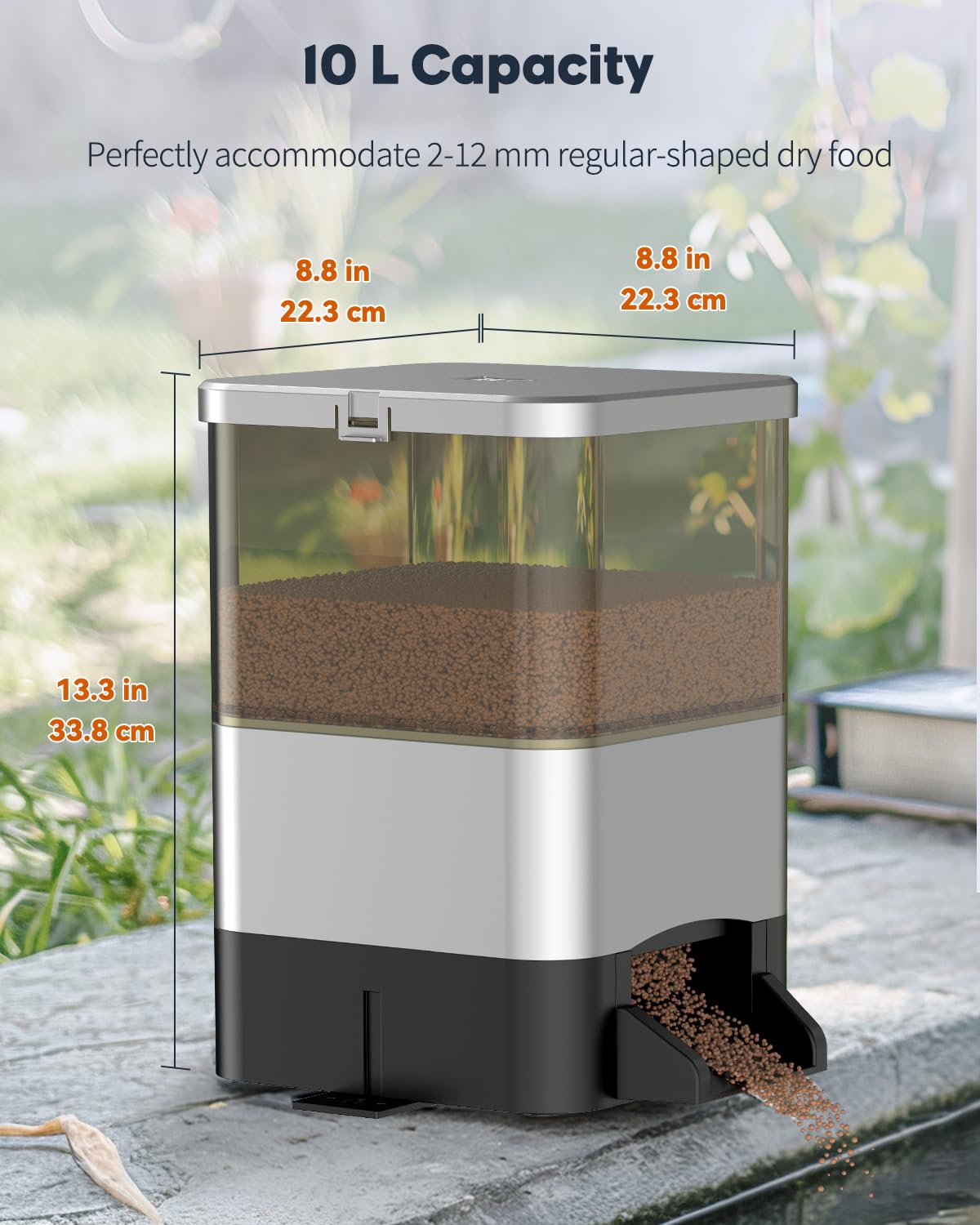 Pawfly 10L capacity container clearly visible for monitoring food levels.