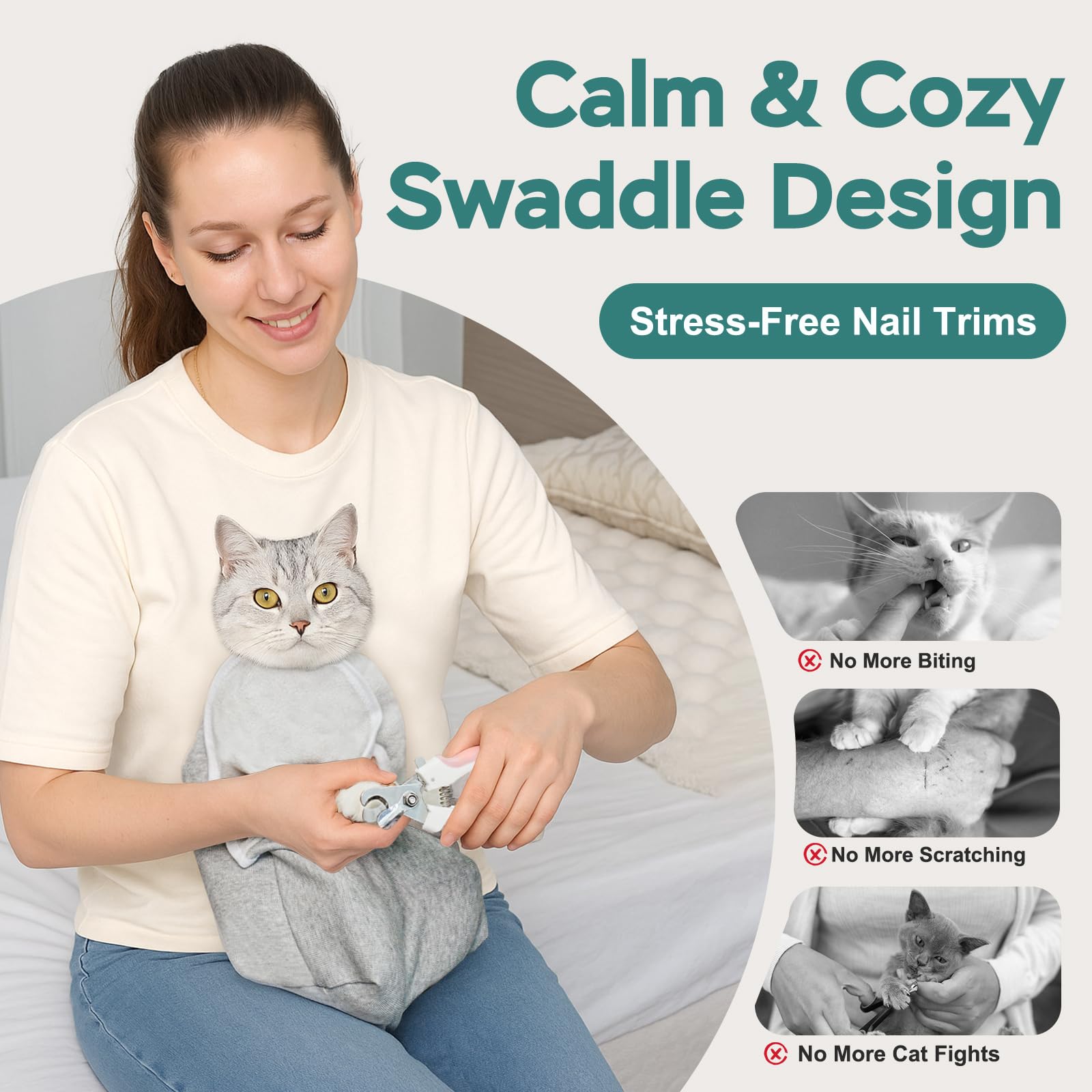 Pawfun breathable fabric cat wrap grey demonstrating comfortable use during brushing