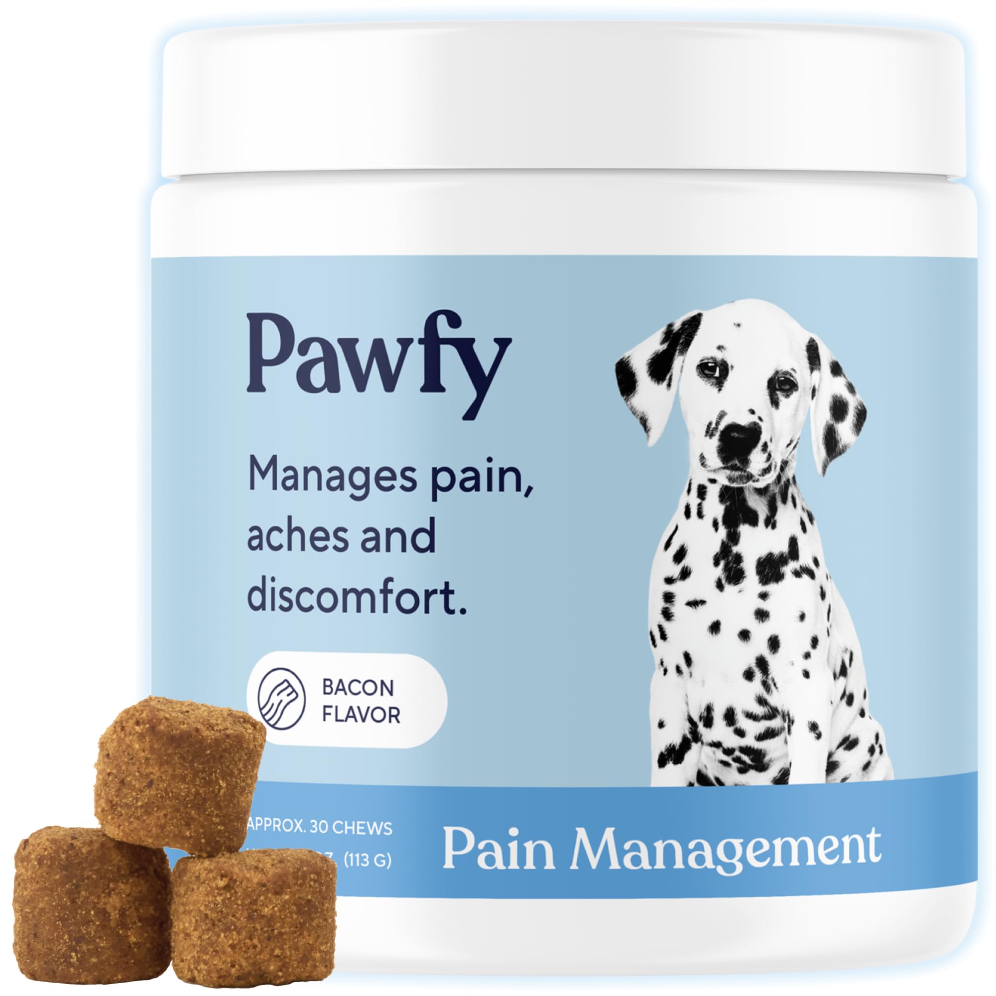 Pawfy Advanced Pain Management bottle highlights omega-3 joint support for all dog sizes, promoting daily mobility.