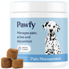 Pawfy Advanced Pain Management bottle highlights omega-3 joint support for all dog sizes, promoting daily mobility.